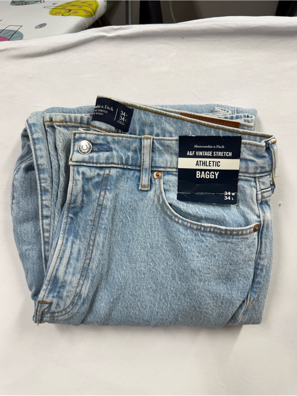NEW Abercrombie & Fitch Athletic Baggy Vintage Stretch Light Wash Jeans 34x34